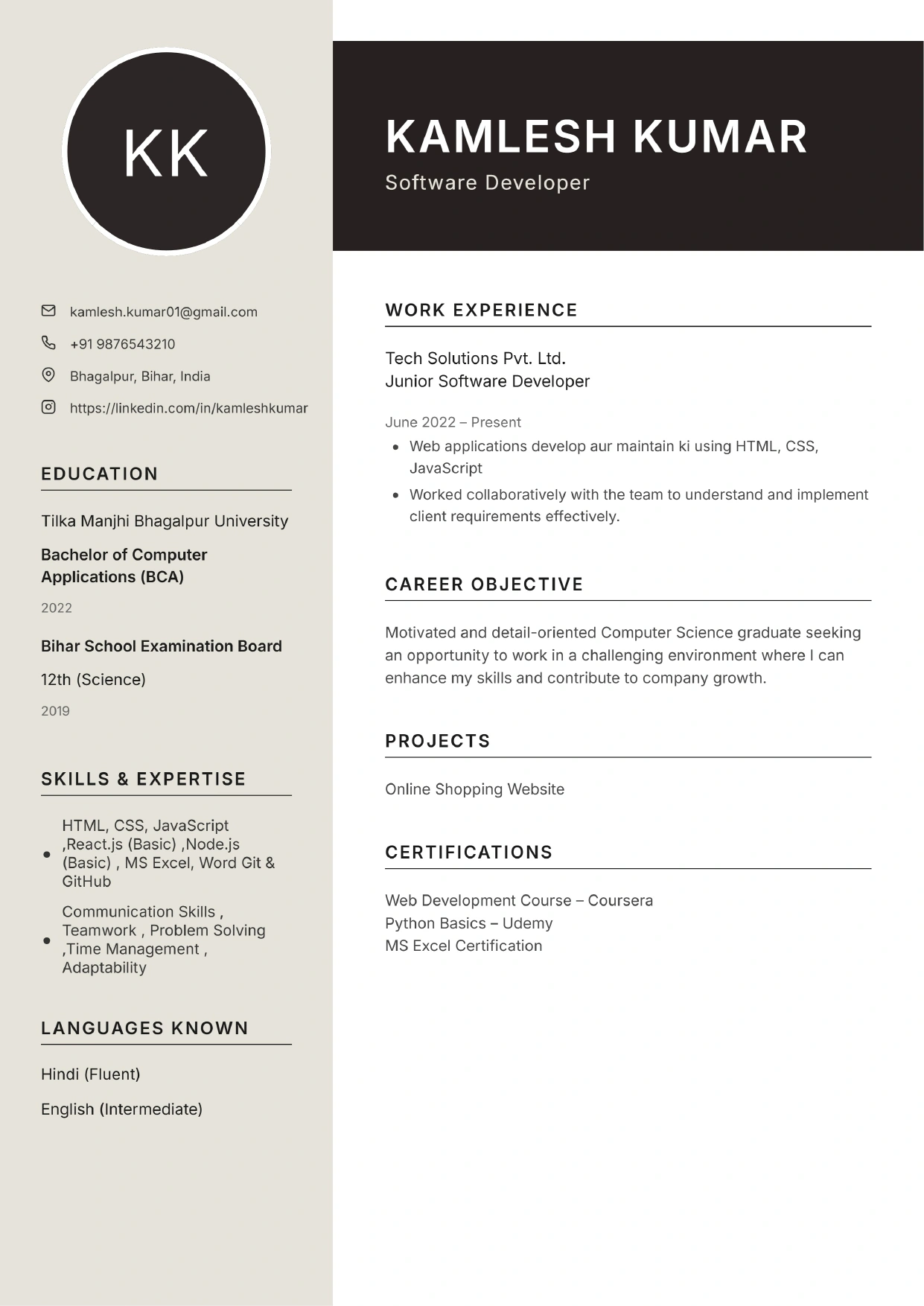 Elegant Beige Resume Preview