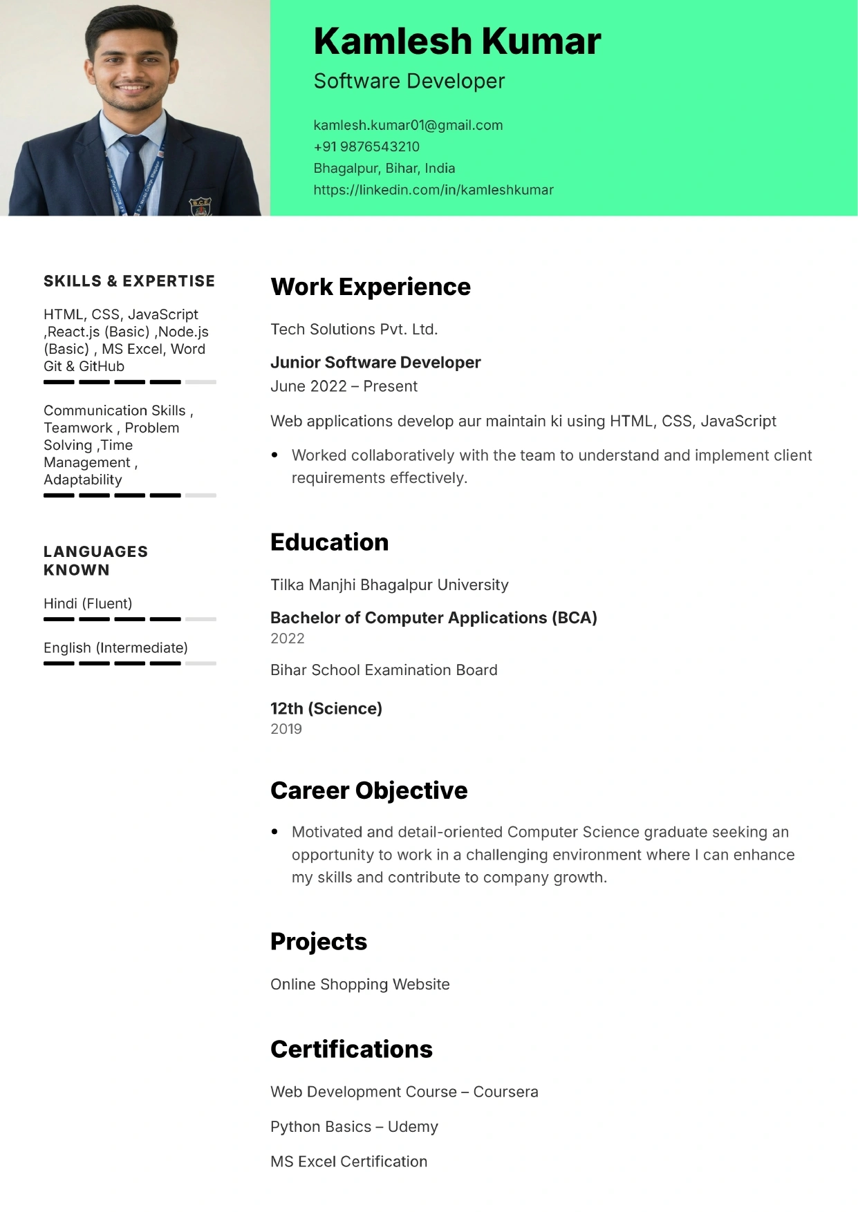 Mint Sidebar Resume Preview