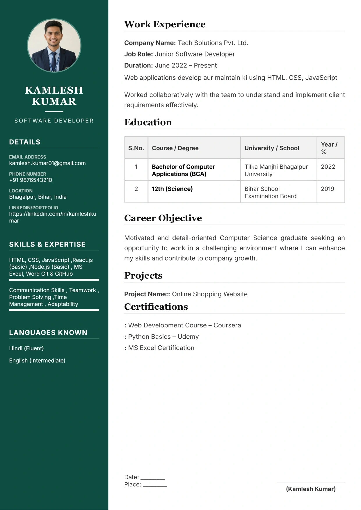 Creative Teal Resume Preview
